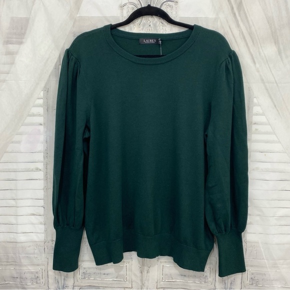 NEW Ralph Lauren Size 2X Cotton Blend Sweater Solid Green Puff Sleeves Crew Neck - Picture 4 of 13